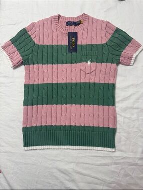 Polo by Ralph Lauren Pink & Green Striped Cable-Knit Short Sleeve Sweater